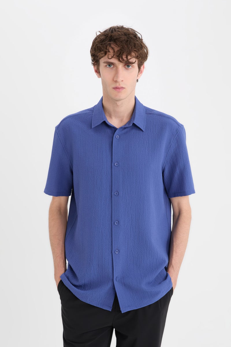 DeFacto Purple Man Regular Fit Polo Collar Crinkle Short Sleeve Shirt Casual - Image 4